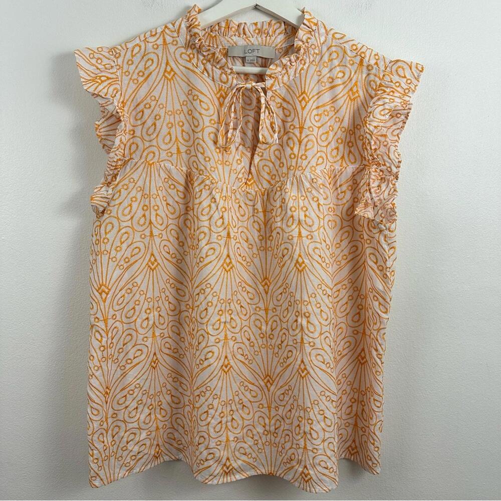 LOFT Orange and White Ruffle Sleeve Top